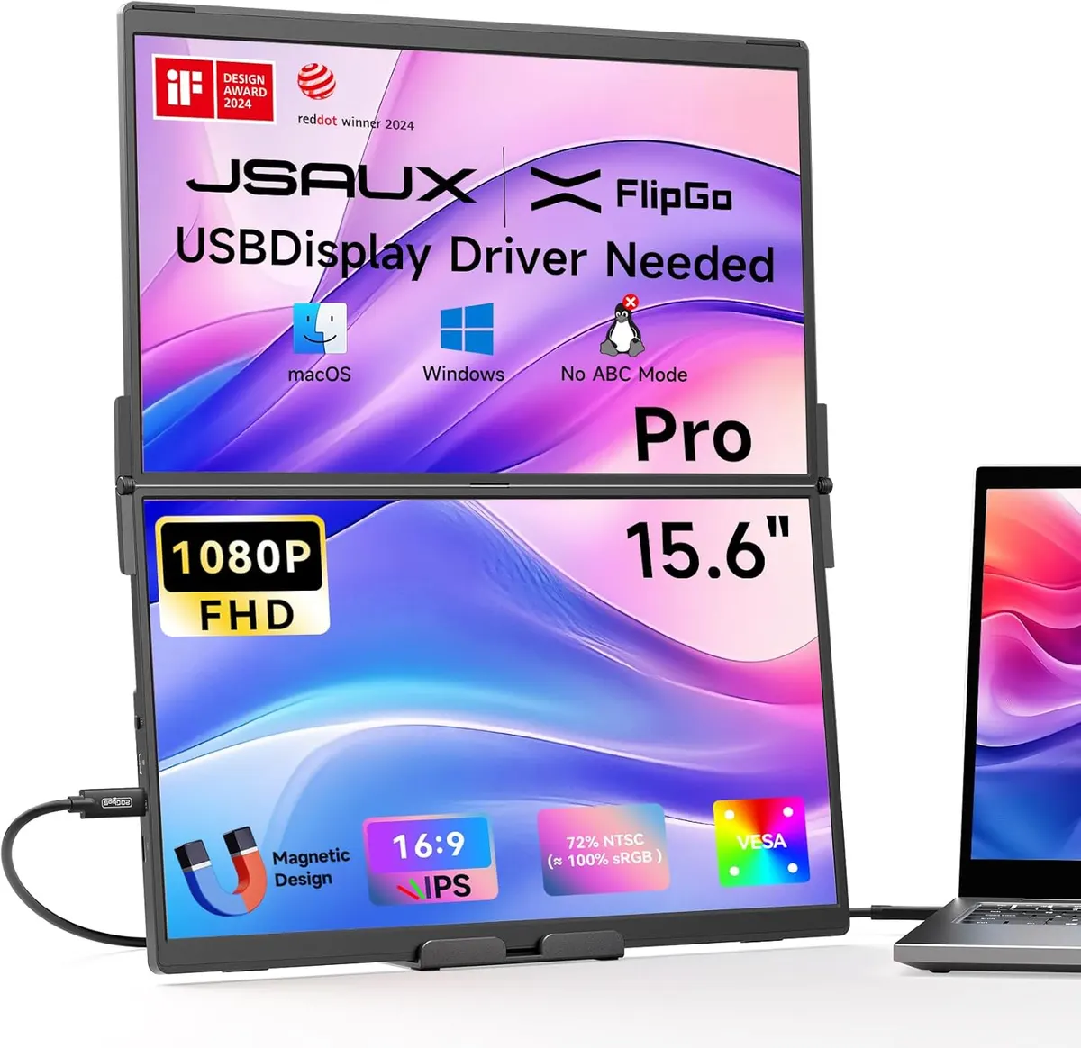 JSAUX FlipGo Pro 15.6" Extension Triple d’Écran pour Ordinateur Portable, 1080P Double Moniteur pour PC…