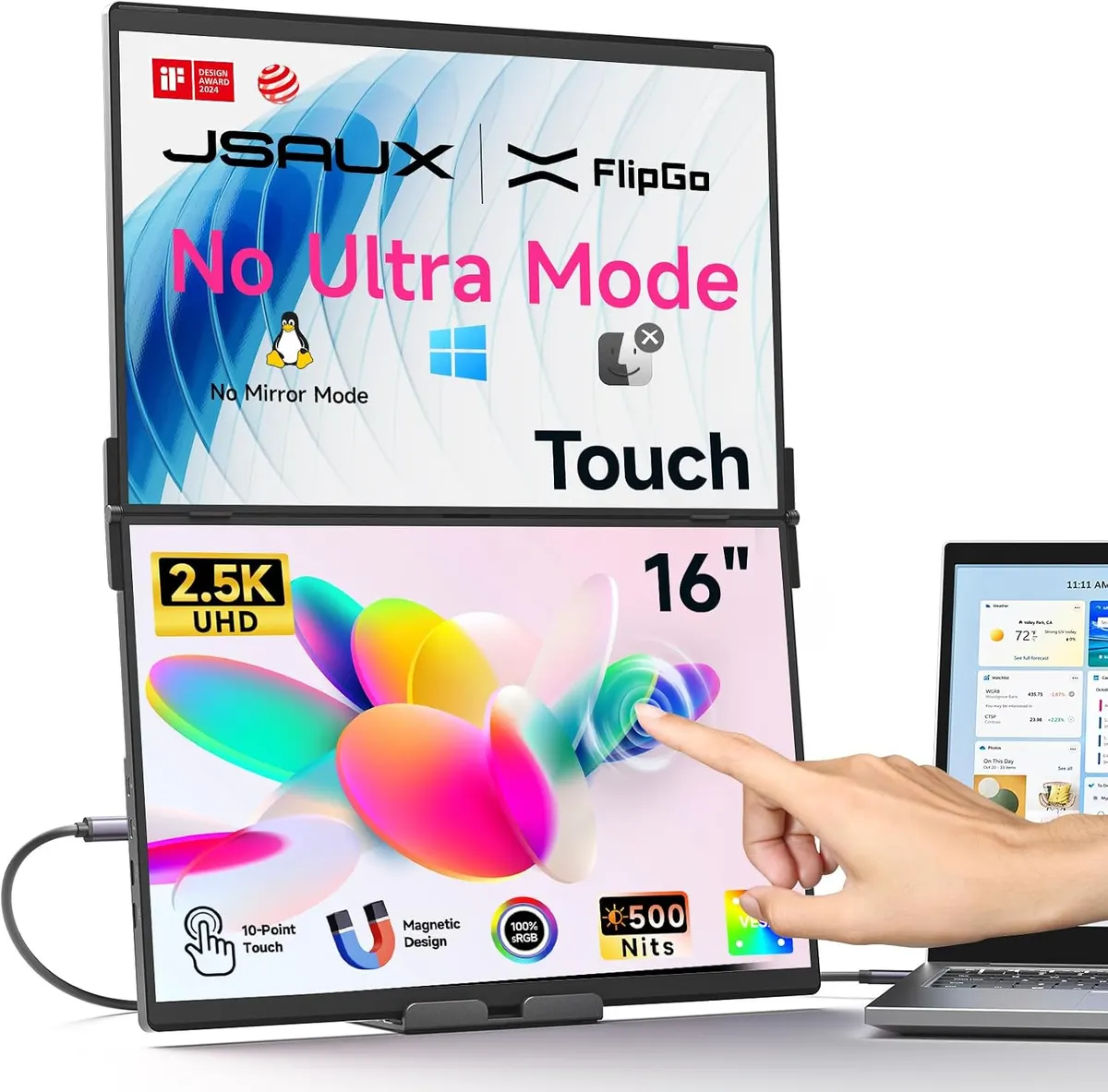 JSAUX FlipGo 16" Extension Double d’Écran Tactile pour Ordinateur Portable, 2.5K Triple Moniteur pour PC…