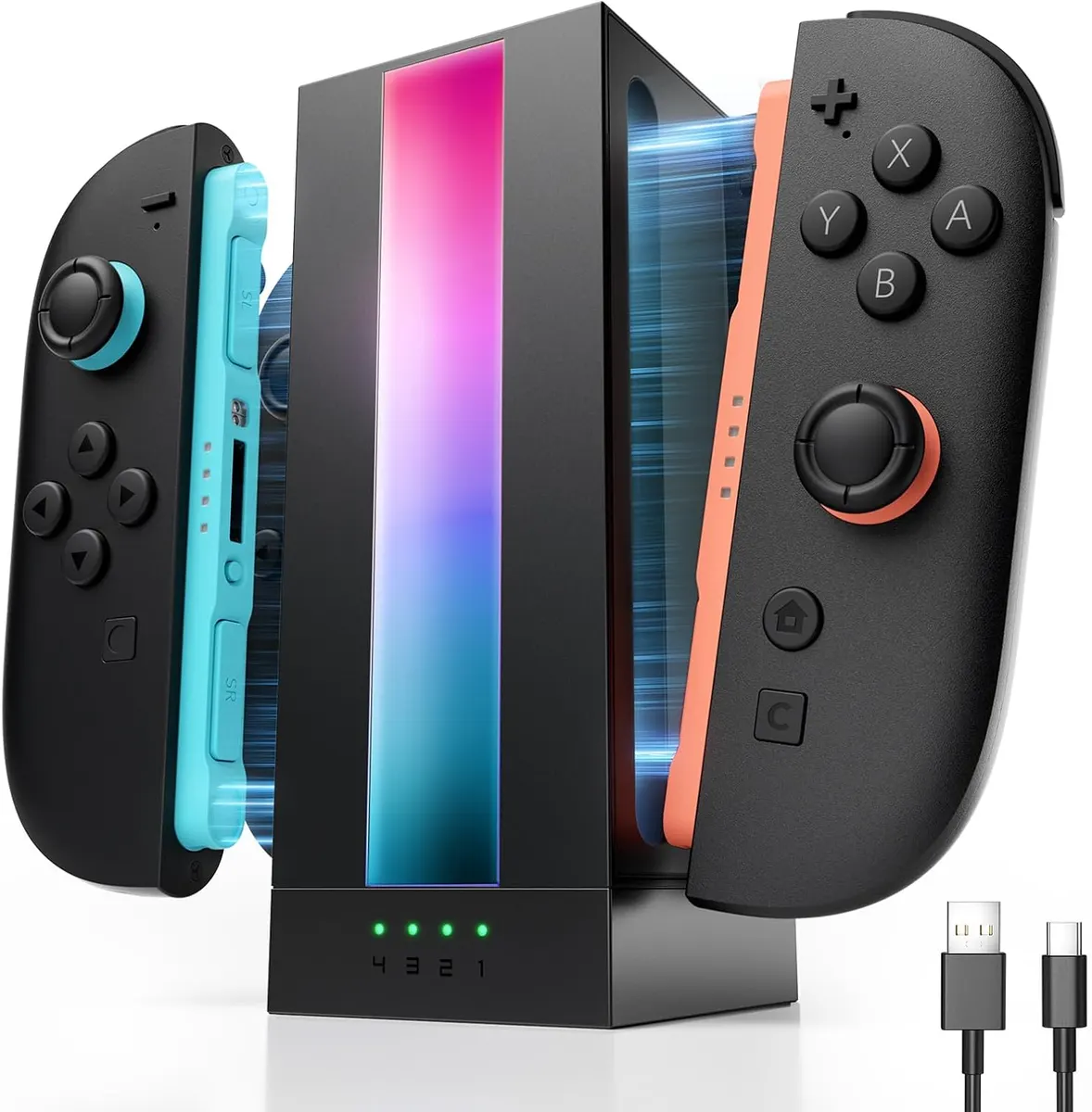 JSAUX EnergyFlow Station de Charge Compatible avec Switch 2 JoyCon, Base Magnétique RGB 4-en-1 avec…