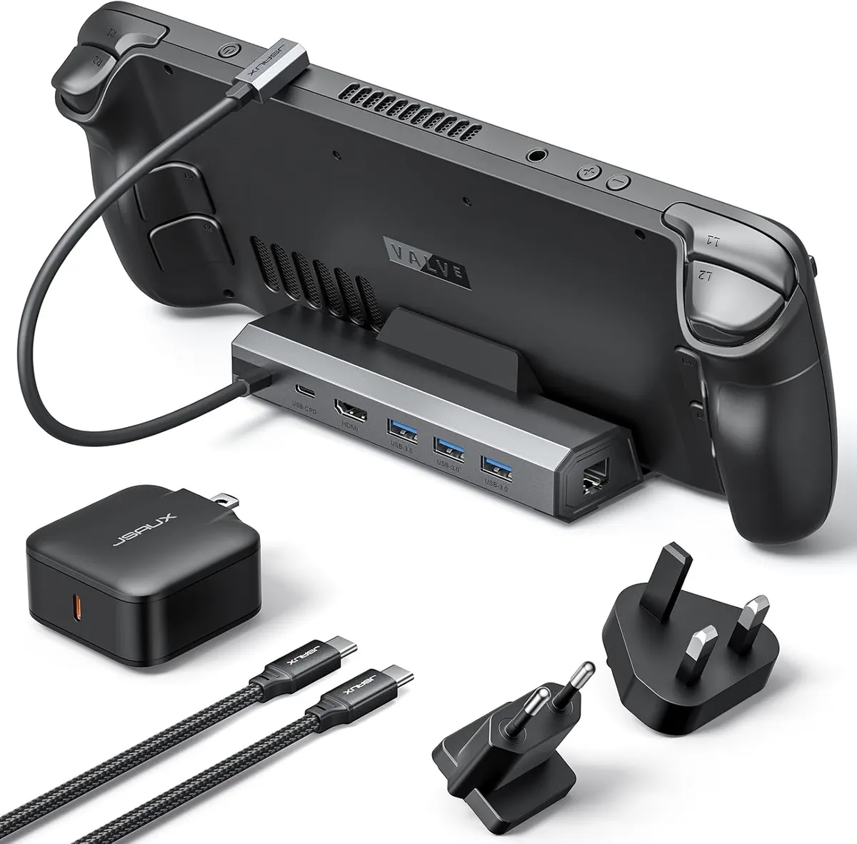 JSAUX Station d’Accueil 4K@120Hz avec Chargeur 65W, Compatible avec Steam Deck OLED/ROG Ally X/Legion Go…