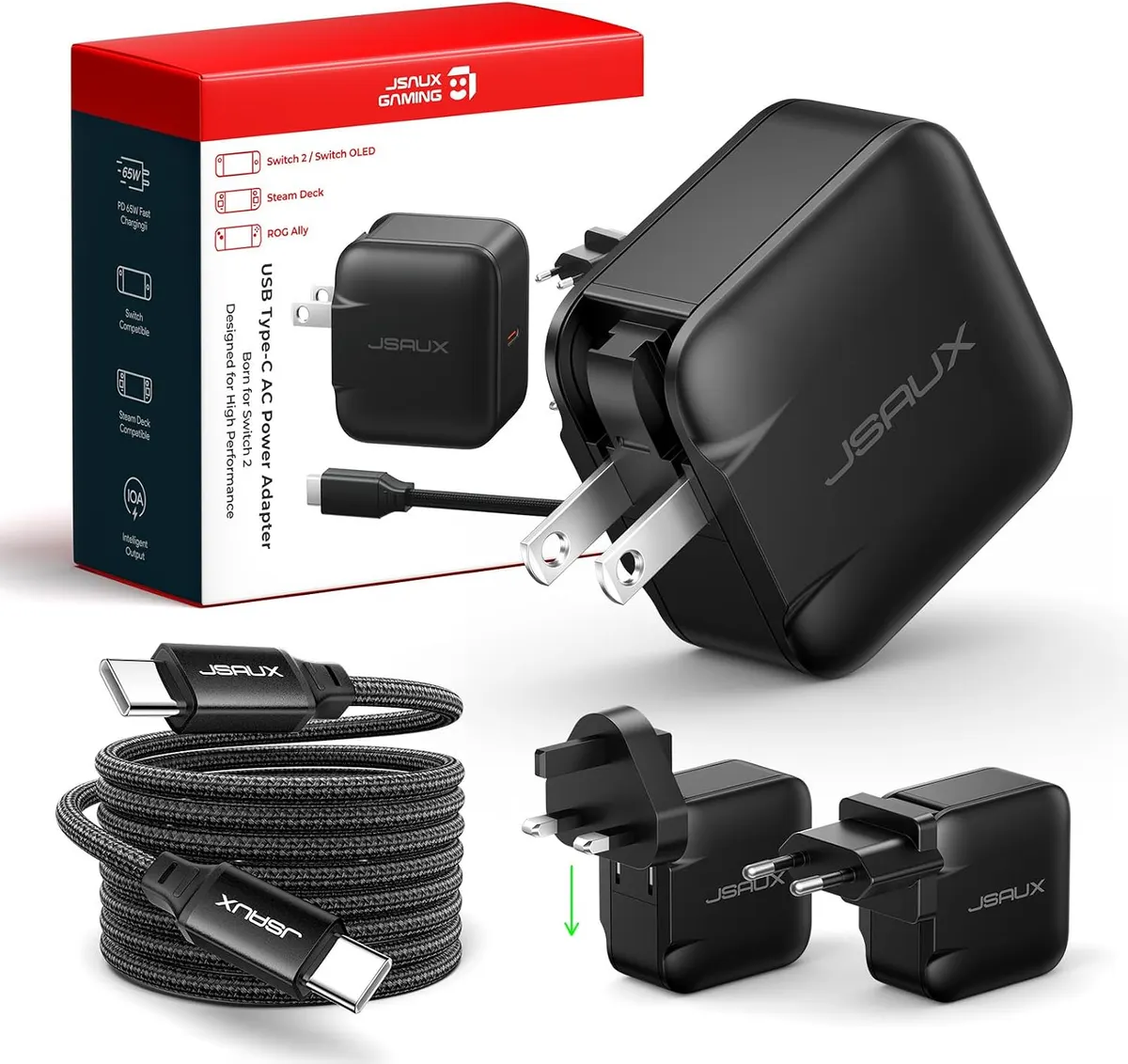 JSAUX Chargeur USB C 65W pour Nintendo Switch 2, Alimentation en Mode TV, avec Prises EU/UK et câble 2 m,…
